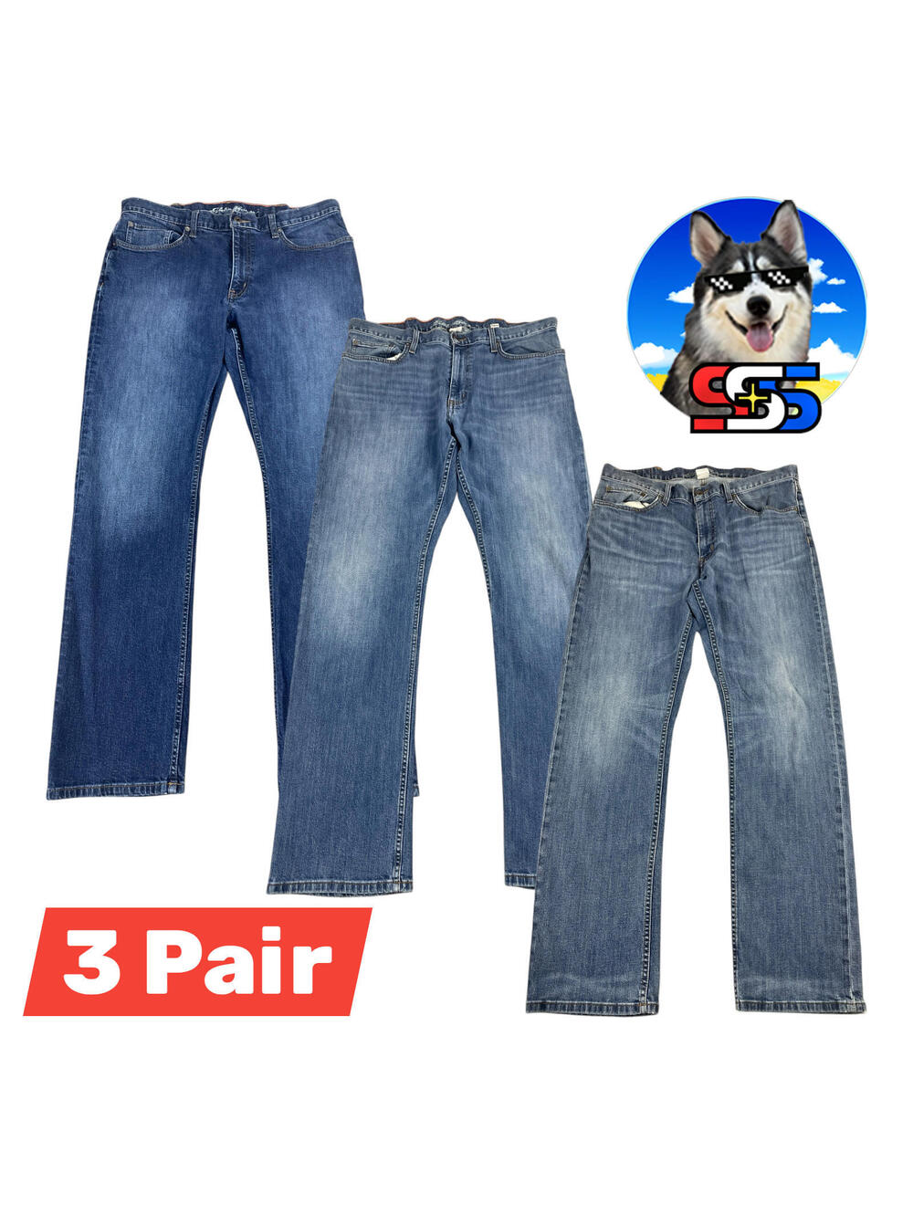 Eddie Bauer Blue Jeans Straight Men's 34 x 32 Outdoors Workwear ( 3 Pair )